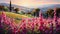 Sunset Over Valley: Italian Landscape Inspired Portrait With Pink Flowers