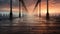 Sunset over water, wood plank bridge reflects tranquil twilight generated by AI