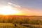 Sunset overlooking nature and landscape from Brno hill sunset couple of moments before sunset orange color with clouds moving in