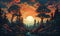 Sunset painting in fairy tale dramatic forest in vector art style. AI generated