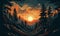 Sunset painting in fairy tale dramatic forest in vector art style. AI generated