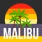 Sunset palm tree malibu beach background, flat style