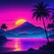 Sunset with palm trees and a mountain in the background with neon pink and blue lights cyberpunk synthwave style