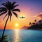 a sunset with palm trees and a plane flying over the ocean in the distance with a plane in the sky above the water and