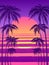 Sunset with palm trees, trendy purple background. Vector illustration, design element for congratulation cards, print