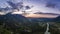 Sunset panorama of mountain hahenkamm pflach village with river lech