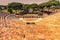 Sunset panorama of the Roman Imperial Theater in Ostia Antica -