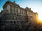Sunset panorama view of exterior facade baroque architecture of Palacio Real Royal Palace of Madrid Spain Europe