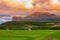 Sunset panoramic nature meadow hill rural field grass green sky panorama land country sunlight scenic outdoors valley sunrise blue