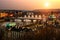 Sunset panoramic view on four Prague bridges