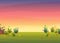 Sunset park background, nature park or forest lawn glade and sunset sky sun violet and pink clouds. vector cartoon illustration