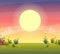 Sunset park background, nature park or forest lawn glade and sunset sky sun violet and pink clouds. vector cartoon illustration