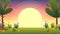 Sunset park background, nature park or forest lawn glade and sunset sky sun violet and pink clouds. vector cartoon illustration