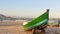 Sunset at PerequÃª beach with anchored fishermen`s boats, Guaruja, Brazil