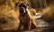 sunset photo of Boxer dog sitting near forest river. Generative AI