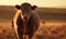 sunset photo of heifer bovine on blurry background of its natural habitat. Generative AI