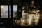 Sunset picture of empty glasses stacked on a shelf