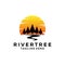 sunset pine tree logo vintage with river creek vector emblem illustration design