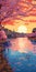 Sunset With Pink Blossom And River Art: A Pixel Art Masterpiece