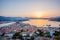 Sunset on Poros island, Greece. Aerial drone photo