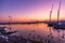 Sunset in a port with anchored boats and seagulls and swans