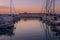 Sunset in the port of Jaffa. Israel, Tel Aviv and ships. Ships waiting for a new sailing day to come.