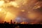 Sunset with a rainbow over the buldings and the Cathedral of Maringa