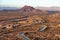 Sunset on Red Mountain in east Mesa, aerial view from above the south canal looking from the southwest to the northeast