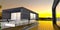 Sunset reflected on the decked terrace flooring of the advanced suburban house . White curtains behind glass door. 3d rendering