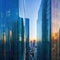 Sunset reflected off modern glass facades of Busy modern city life buildings in morning