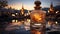 Sunset reflection on water, dusk night, bottle, drink, nature, alcohol generated by AI