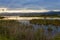 Sunset with reflections over a lake with reeds and waterfowl near Knysna, South Africa