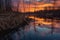 sunset reflections on the water near a beaver dam