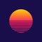 Sunset. Retro sun of 80s or 90s. Background for cyberpunk, disco of 80 s and sunrise in miami. Neon gradient graphic for summer