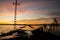 Sunset in rice field flooded with water with path and electric tower, Valencia, Spain