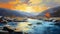 Sunset River Oil Painting: Realist Artwork With Vibrant Orange And Cyan Tones