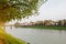 Sunset on the river Uzh at city Uzhgorod, view of bridge. Transcarpathia, Ukraine Europe