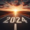 Sunset Road Marked with \'2024,\' Conveying the Concept of New Year Resolutions. Generative ai for illustrations