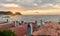 Sunset from the roofs of the fishermen\\\'s houses on the beach of Cala Margarida in Palamos, Costa Brava