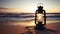 Sunset\\\'s Embrace Captures the Beauty of an Old Lantern on the Beach, Painting a Mesmerizing Picture. Generative AI