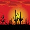 Sunset with Saguaro Cactus. Vector background.