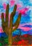 Sunset in Saguaro National Park, Arizona. Watercolor painting.