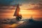 sunset sailboat cruising on calm ocean with sail unfurled