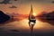 a sunset sailboat gliding across a serene lake, with the sun setting in the background