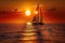 sunset sailboat gliding across the water, with the sun setting in the background