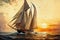 sunset sailboat with sails unfurled, gliding gracefully on the water