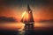 sunset sailboat with silhouette against misty sunset sky