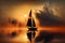 sunset sailboat with silhouette against misty sunset sky