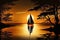 sunset sailboat, silhouetted against the setting sun, in tranquil lagoon