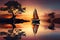 sunset sailboat on tranquil lake, with reflection and serenity